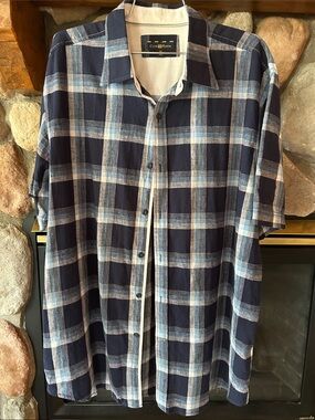 Club Room Men's Navy Blue Plaid Lien Cotton Short-Sleeve Button-Up Shirt, Sz XL